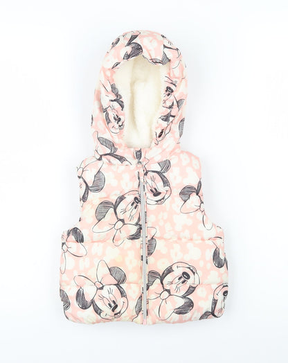 Front view of Disney girls’ pink geometric gilet waistcoat, size 12-18, months zip - mickey mouse