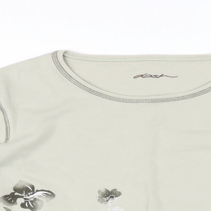 Dash Womens Green Cotton Basic T-Shirt Size 16 Boat Neck - Flowers