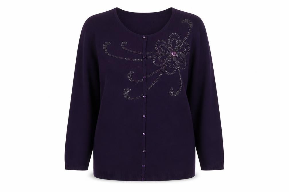 Style Collection Womens Purple Crew Neck Viscose Cardigan Jumper Size M - Beaded