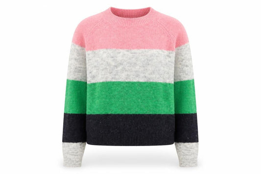 Front view of Only women’s multicoloured round neck striped polyester jumper, size XS