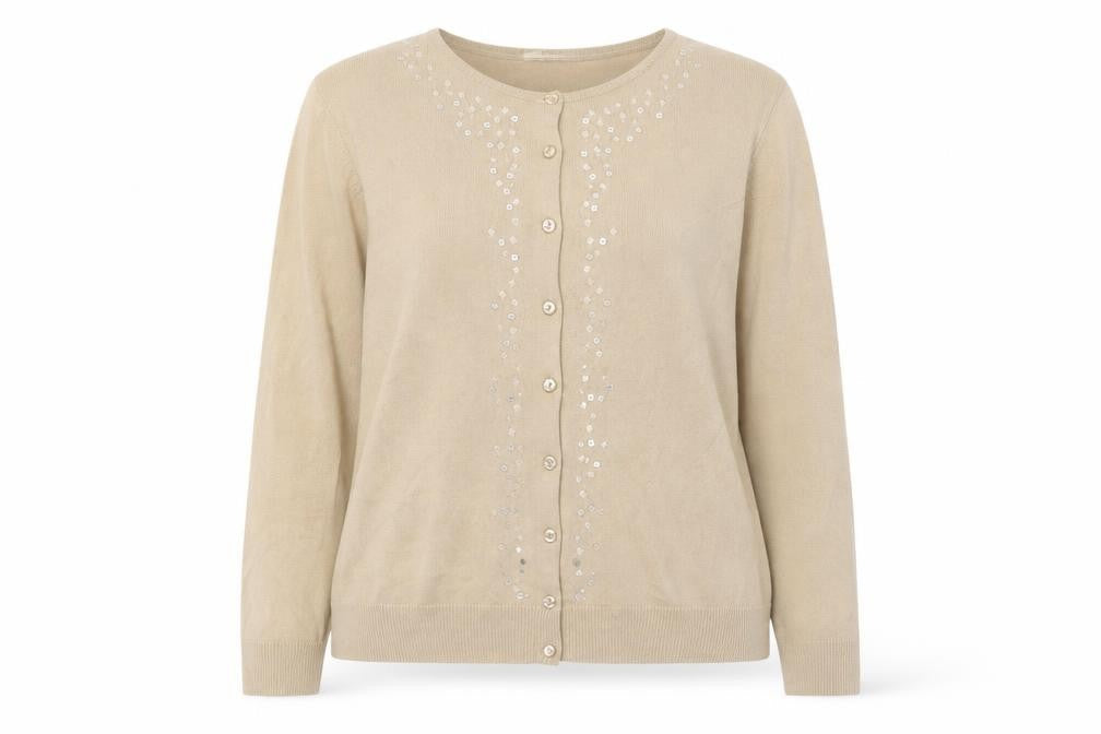 Marks & Spencer Womens Beige Crew Neck Acrylic Cardigan Jumper Size 18 - Embroidered, Sequins