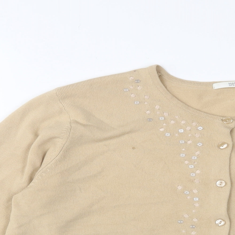 Marks and Spencer Womens Beige Crew Neck Acrylic Cardigan Jumper Size 18 - Embroidered, Sequins