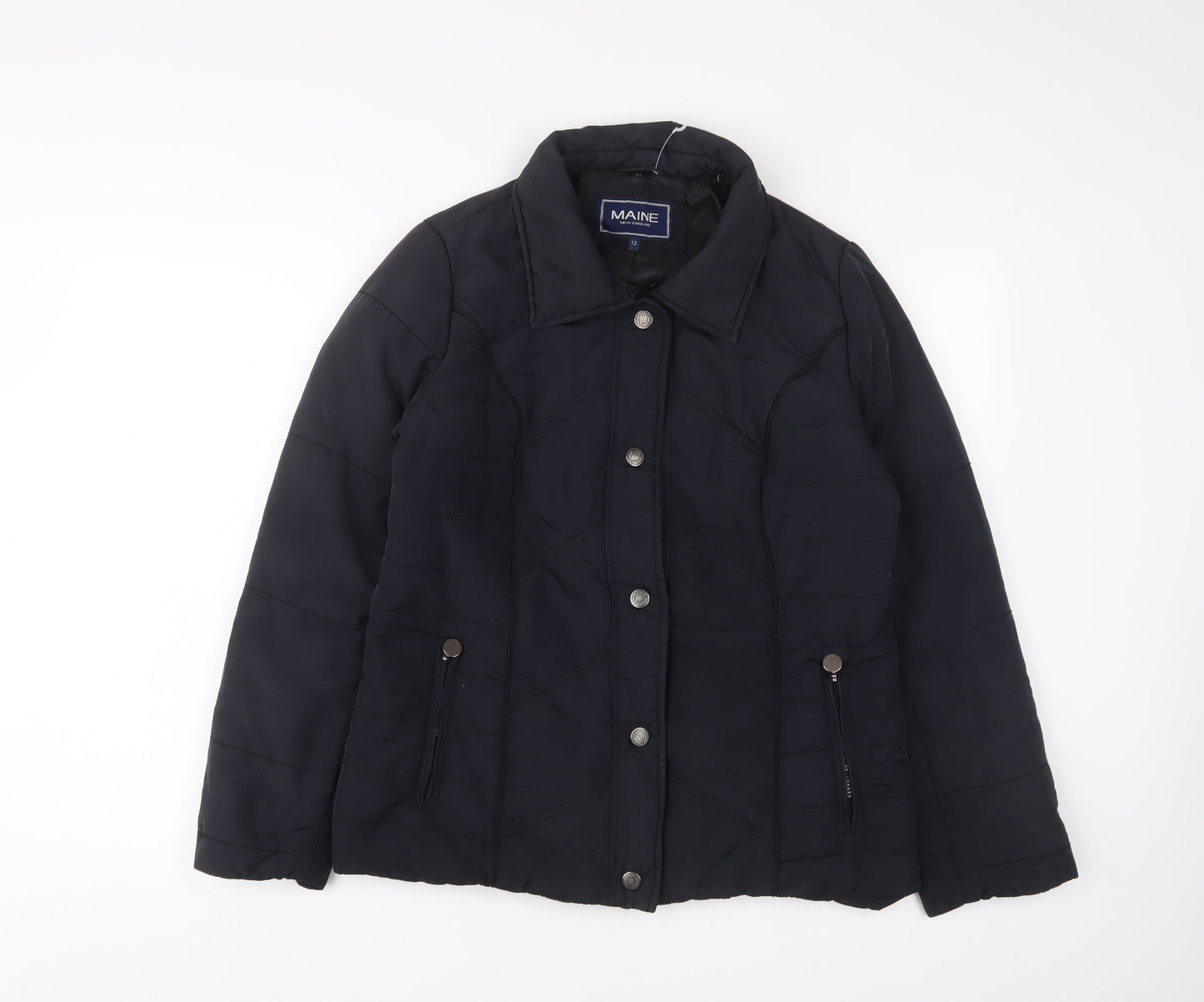 Maine Womens Blue Quilted Jacket Size 12 Snap - Zip Pockets