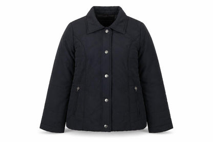Front view of Maine New England women’s blue quilted jacket, size UK 12, snap - zip pockets