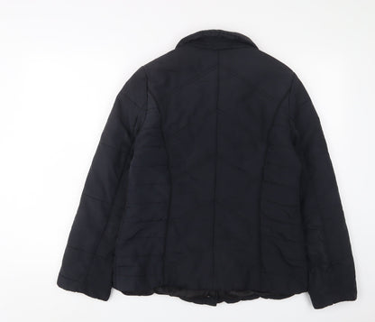 Back view of Maine New England women’s blue quilted jacket, size UK 12, snap - zip pockets