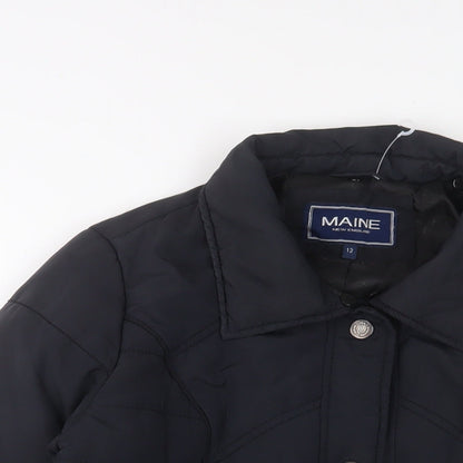 Close-up detail of Maine New England women’s blue quilted jacket, size UK 12, snap - zip pockets