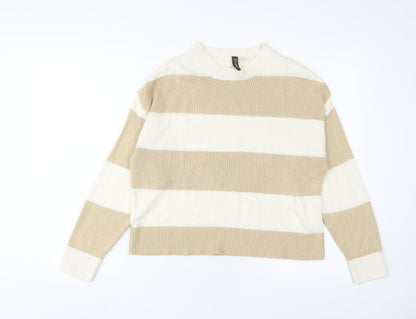 H&M Womens Beige Crew Neck Striped Acrylic Pullover Jumper Size XS