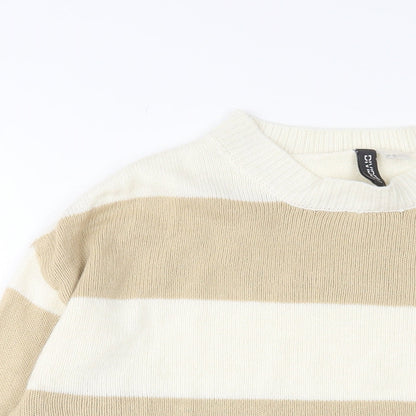 H&M Womens Beige Crew Neck Striped Acrylic Pullover Jumper Size XS