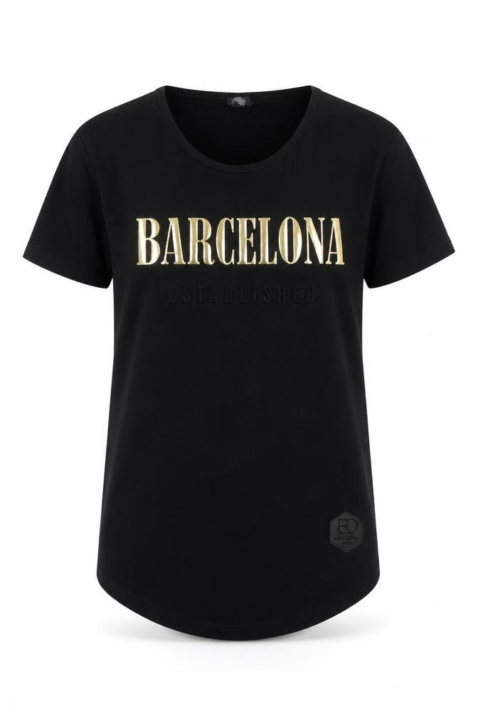 Barcelona Womens Black Cotton Basic T-Shirt Size S Crew Neck - Logo