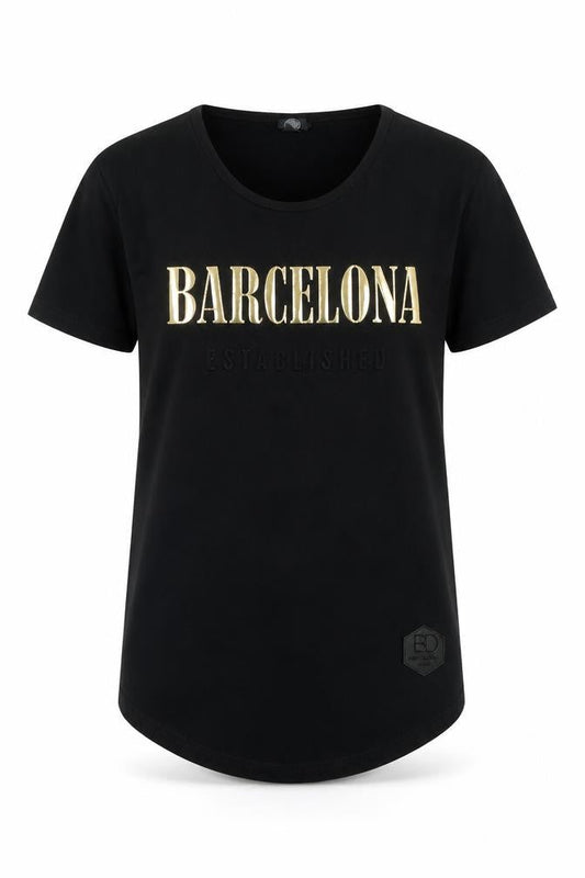 Barcelona Womens Black Cotton Basic T-Shirt Size S Crew Neck - Logo