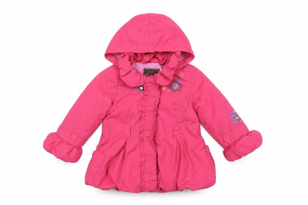 Front view of Catimini girls’ pink floral jacket coat, size 2, years zip