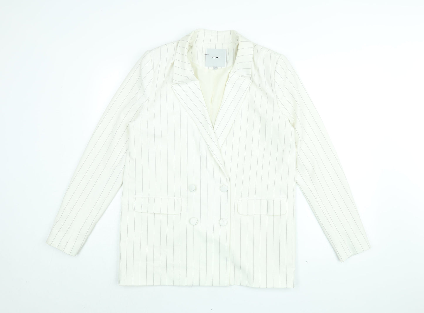 ICHI Womens White Striped Jacket Blazer Size 10 Button