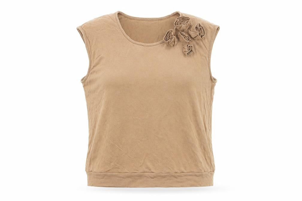 References Womens Beige Cotton Basic T-Shirt Size 14 Round Neck - Rose Detail