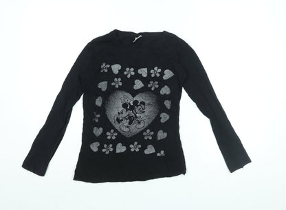 Front view of Disney girls’ blue cotton basic t-shirt, size L, round neck pullover - mickey mouse, heart print