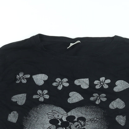 Close-up detail of Disney girls’ blue cotton basic t-shirt, size L, round neck pullover - mickey mouse, heart print