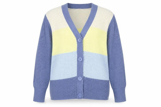 Damart Womens Blue V-Neck Striped Acrylic Cardigan Jumper Size 10