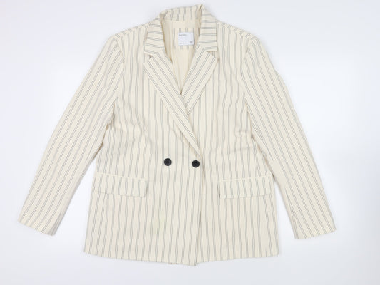 Bershka Womens Ivory Striped Jacket Blazer Size L Button