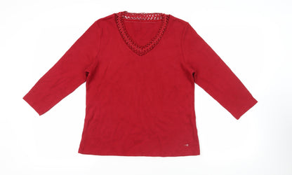 Dash Womens Red Cotton Basic Blouse Size 12 V-Neck - Beaded Neckline