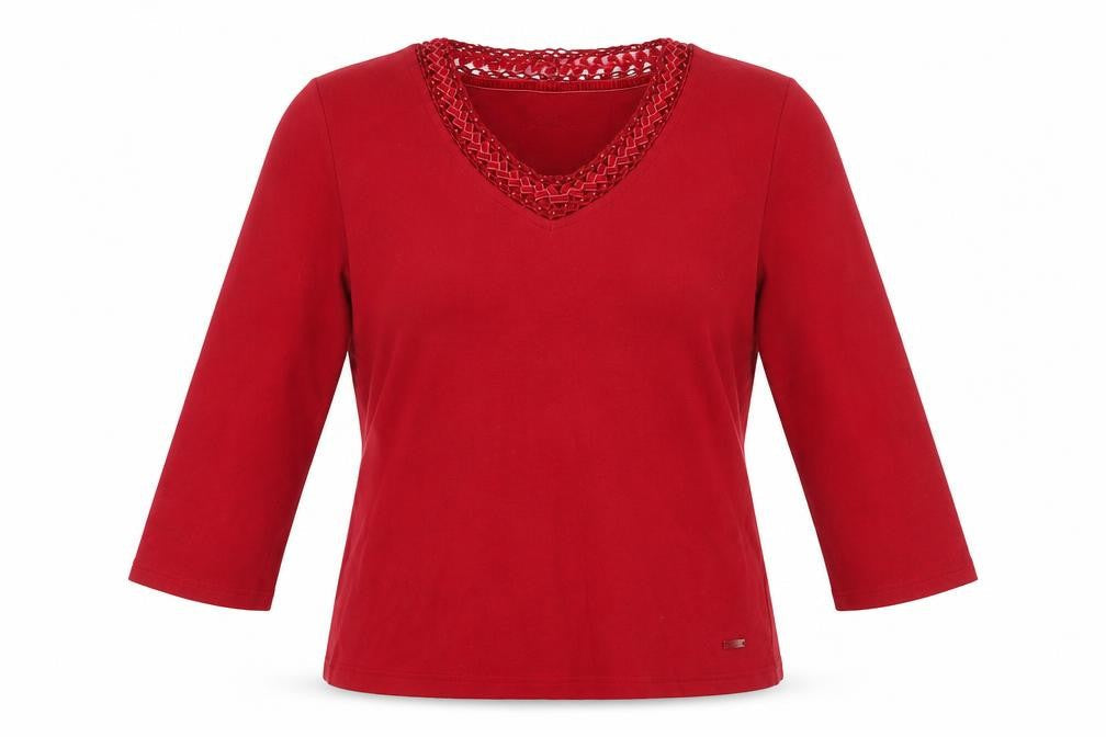 DASH Womens Red Cotton Basic Blouse Size 12 V-Neck - Beaded Neckline