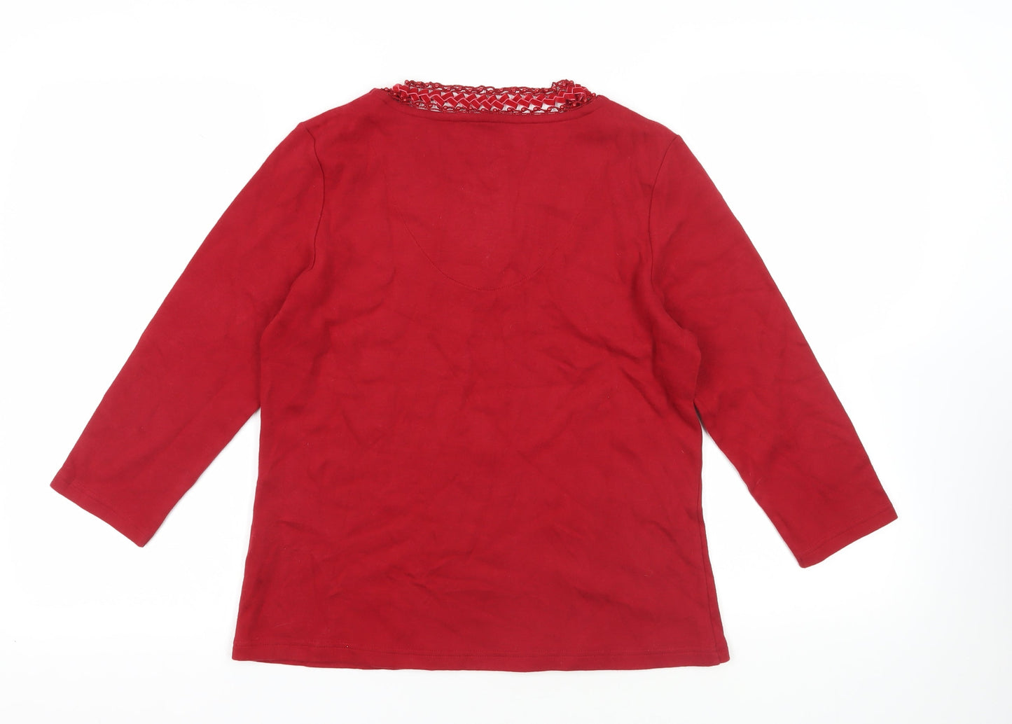 DASH Womens Red Cotton Basic Blouse Size 12 V-Neck - Beaded Neckline