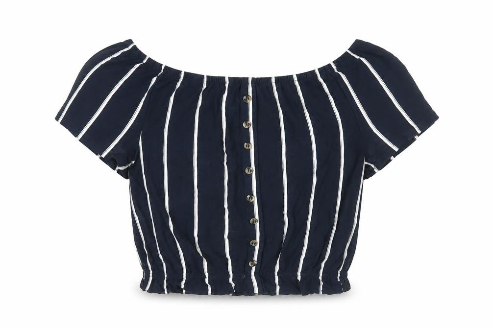H&M Womens Blue Striped Viscose Cropped Blouse Size XS Off the Shoulder