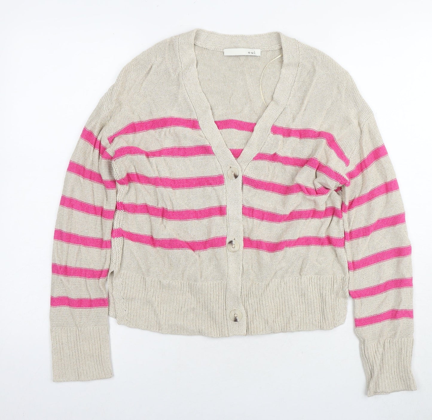 Oui Womens Beige V-Neck Striped Viscose Cardigan Jumper Size 6