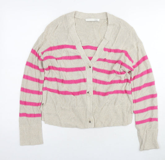Oui Womens Beige V-Neck Striped Viscose Cardigan Jumper Size 6