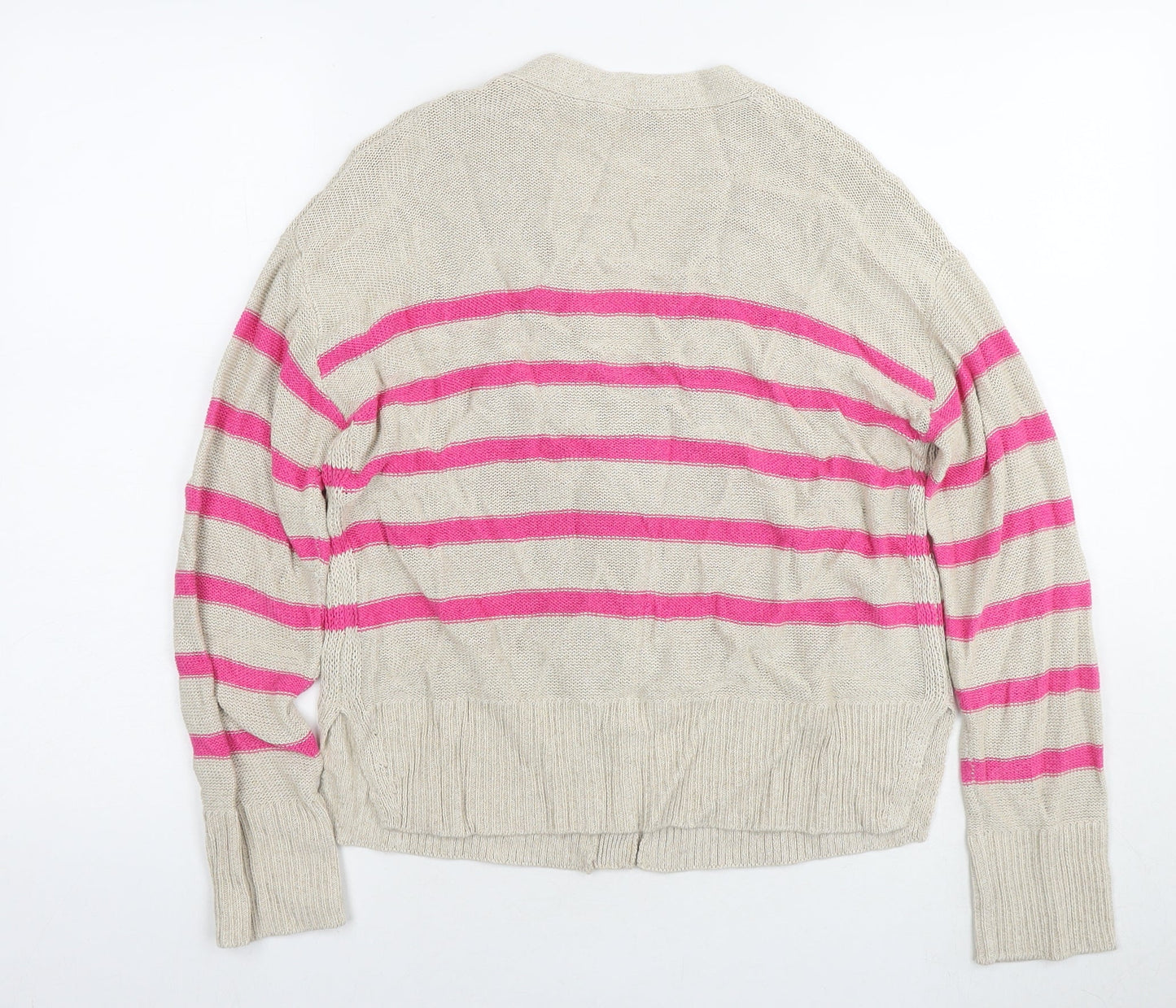 Oui Womens Beige V-Neck Striped Viscose Cardigan Jumper Size 6