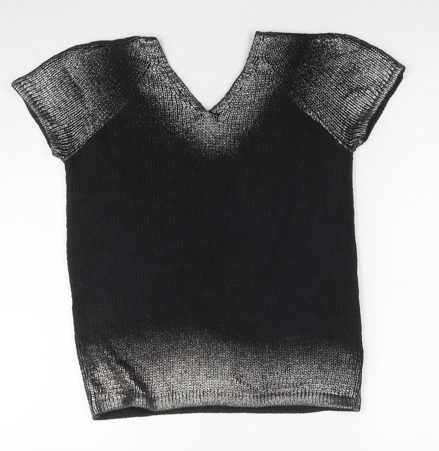 LUISA CERANO Womens Black Cotton Basic T-Shirt Size 12 V-Neck - Silver detail