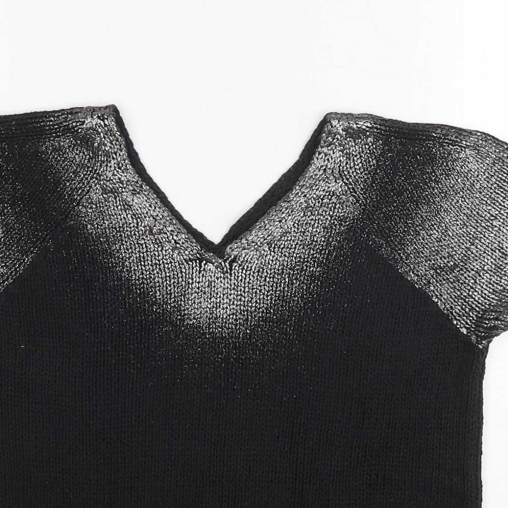LUISA CERANO Womens Black Cotton Basic T-Shirt Size 12 V-Neck - Silver detail