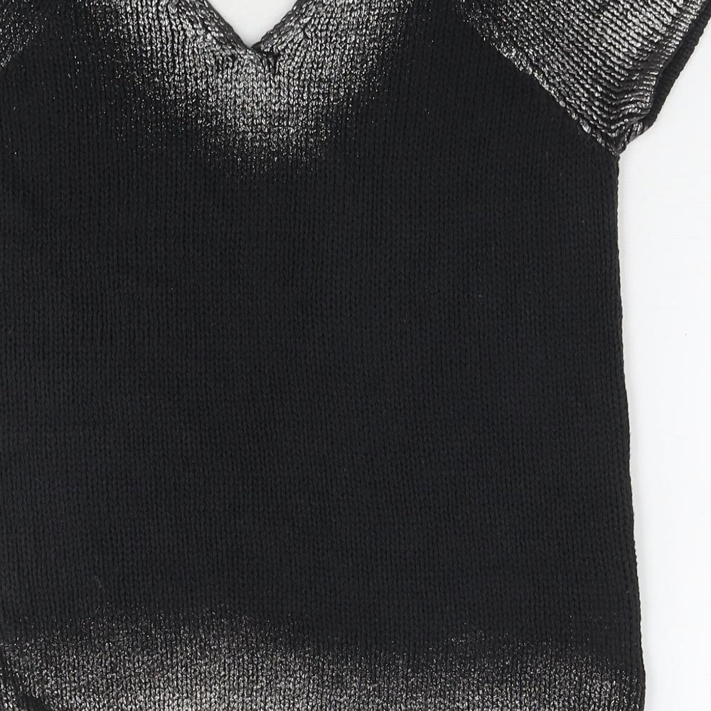 LUISA CERANO Womens Black Cotton Basic T-Shirt Size 12 V-Neck - Silver detail