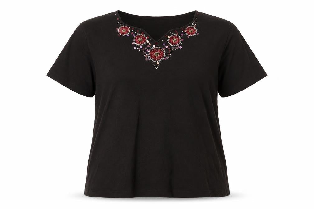EWM Women's Black Beaded V-Neck T-Shirt XL