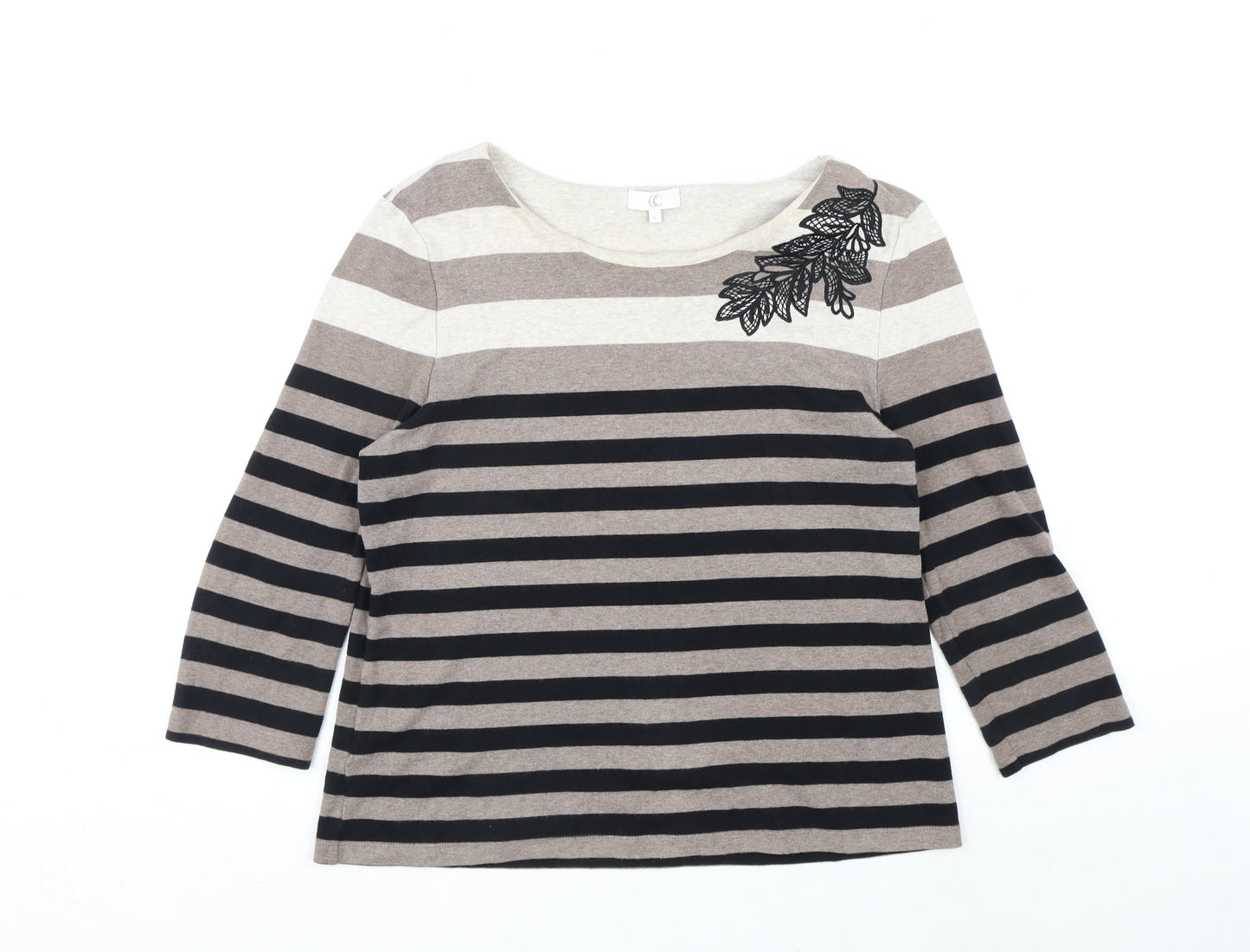 CC Womens Brown Striped Cotton Basic T-Shirt Size L Round Neck