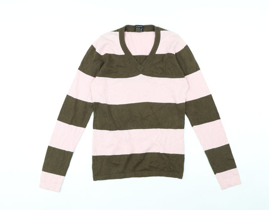Addict Womens Pink V-Neck Striped Cotton Pullover Jumper Size XS