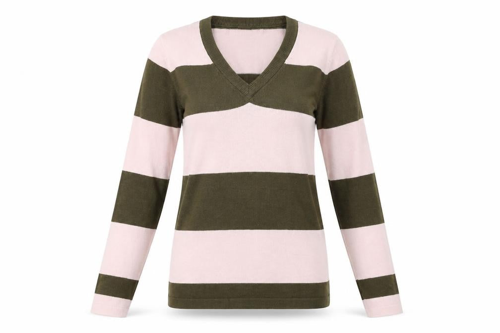 Addict Womens Pink V-Neck Striped Cotton Pullover Jumper Size XS
