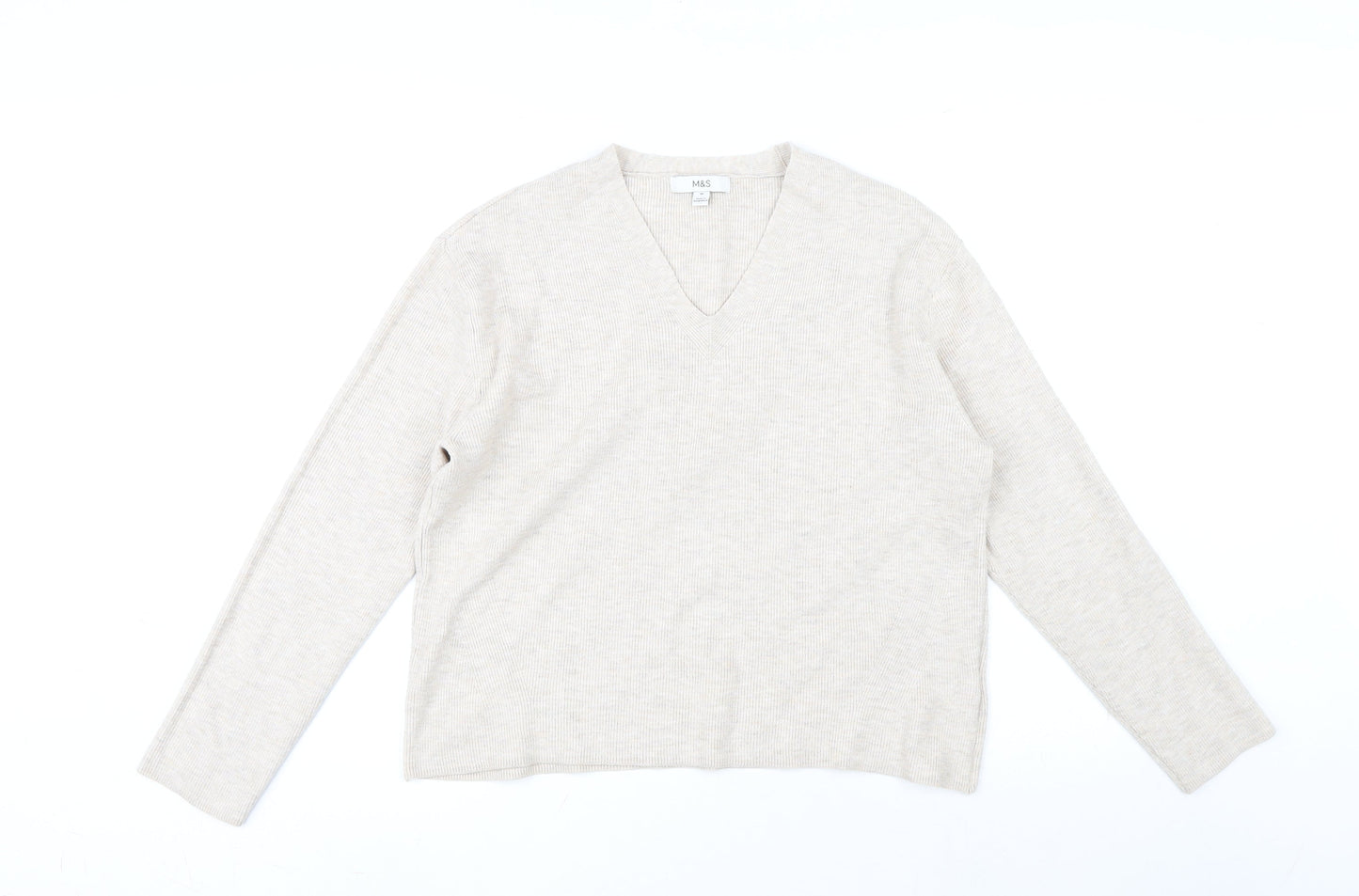 Marks and Spencer Womens Beige V-Neck Viscose Pullover Jumper Size M