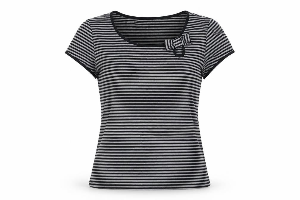 Preview Womens Grey Striped Viscose Basic T-Shirt Size 14 Round Neck
