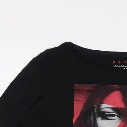 Close-up detail of ESPRIT women’s black cotton basic t-shirt, size XL, round neck