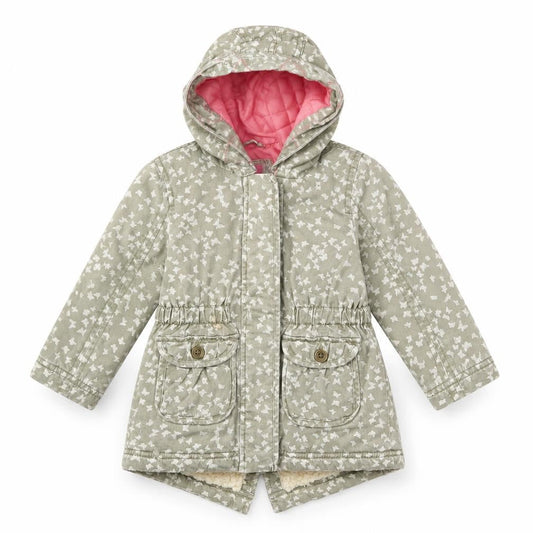 Front view of Mothercare girls’ green geometric basic coat coat, size 12-18, months zip - butterflies