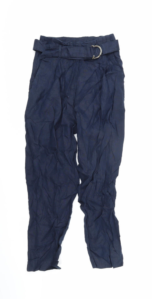 Marks and Spencer Womens Blue Linen Trousers Size 6 L23 in Regular Zip