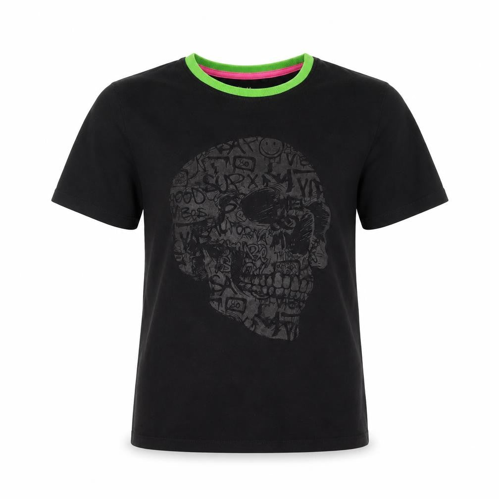 NEXT Girls Black 100% Cotton Basic T-Shirt Size 15 Years Round Neck Pullover - Skull