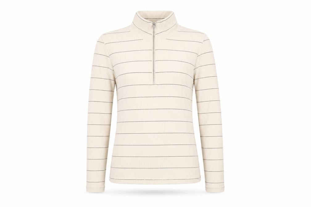 Marks & Spencer Womens Beige Striped Cotton Basic T-Shirt Size 10 Mock Neck