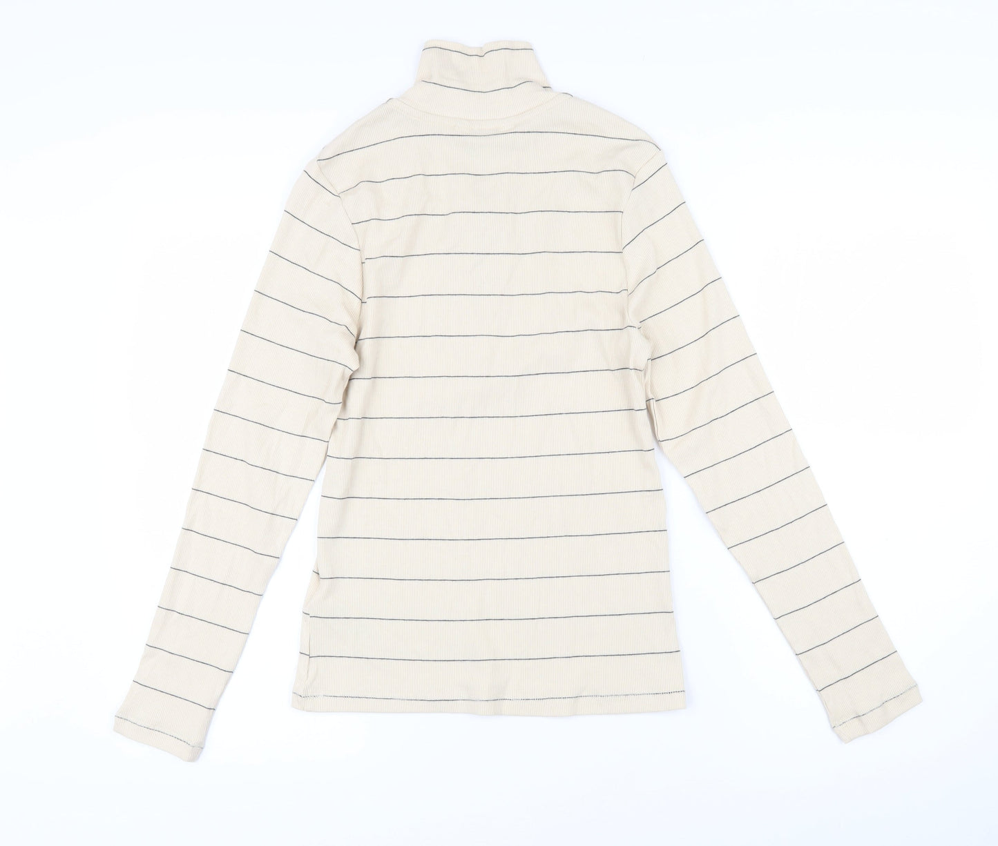Marks and Spencer Womens Beige Striped Cotton Basic T-Shirt Size 10 Mock Neck