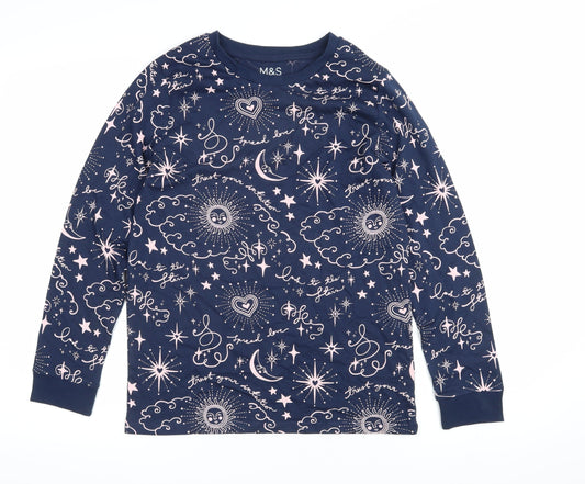 Marks and Spencer Girls Blue Geometric 100% Cotton Pullover Sweatshirt Size 11-12 Years Pullover - Moon & Stars