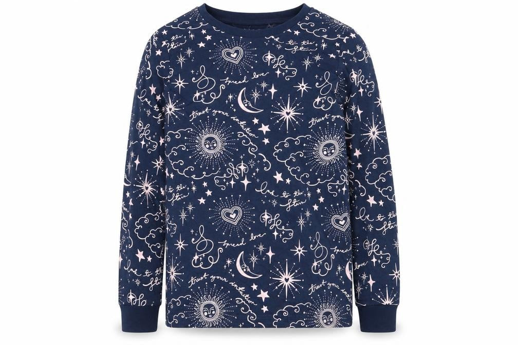 Marks & Spencer Girls Blue Geometric 100% Cotton Pullover Sweatshirt Size 11-12 Years Pullover - Moon & Stars