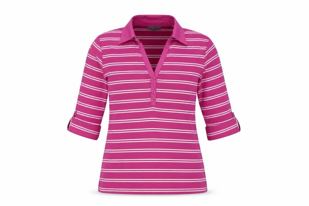 First Avenue Womens Pink Striped Polyester Basic Polo Size S Collared