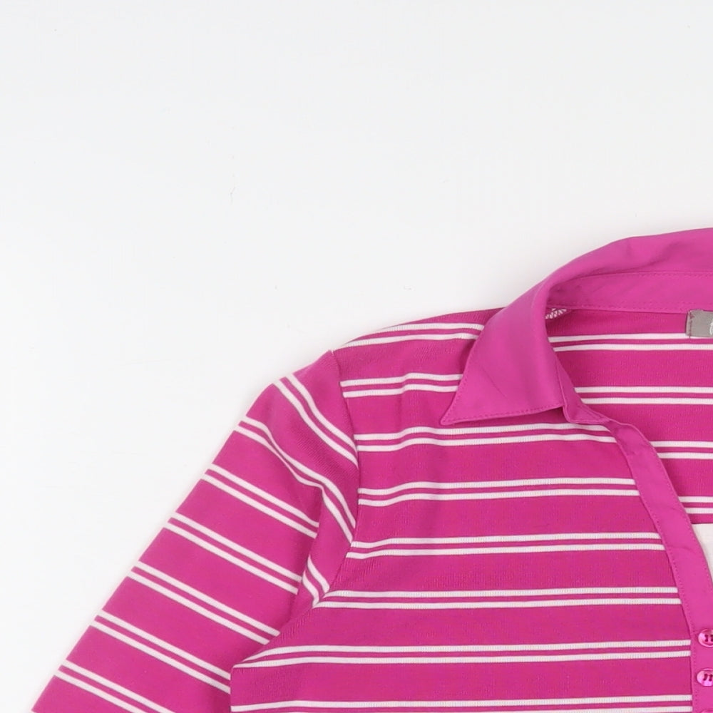 First Avenue Womens Pink Striped Polyester Basic Polo Size S Collared