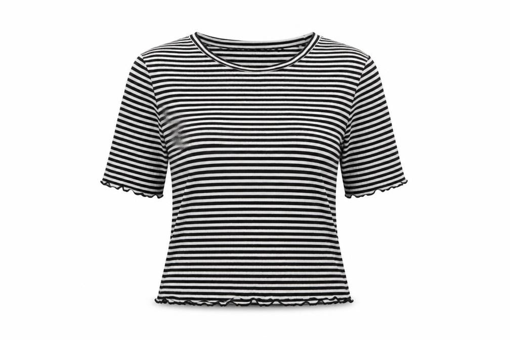 Limited Edition Womens Black Striped Polyester Basic T-Shirt Size 14 Crew Neck - Lettuce Edging
