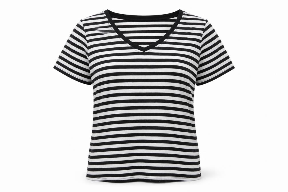New Look Womens Black Striped Polyester Basic T-Shirt Size 12 V-Neck