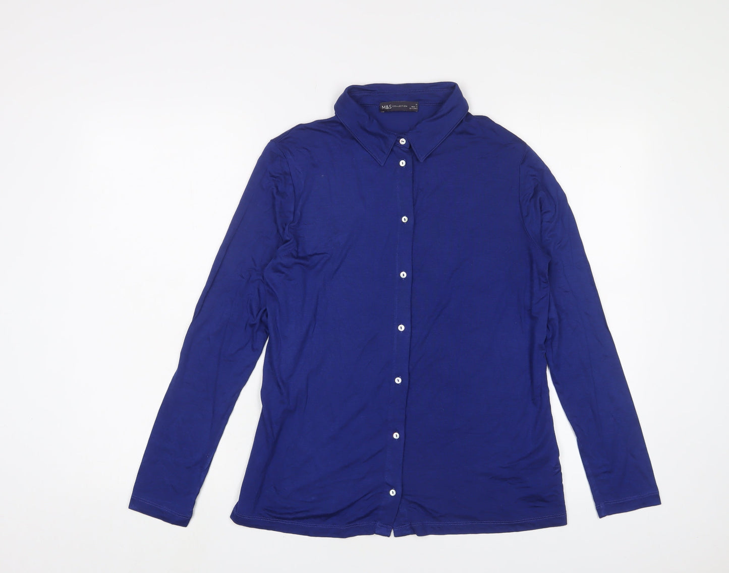 Marks and Spencer Womens Blue Viscose Basic Button-Up Size 12 Collared
